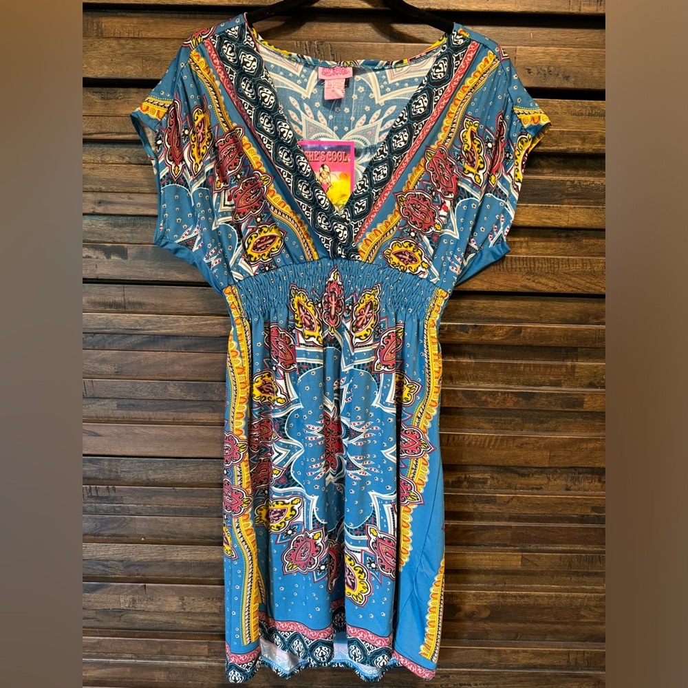 NWT She's Cool‎ Blue V-Neck Bohemian Boho V Neck Empire Waist Summer Dress